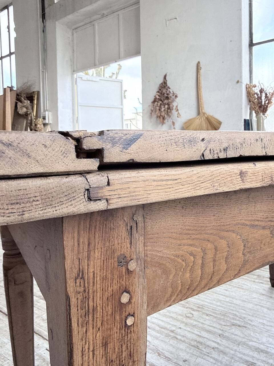 Solid oak farmhouse table with integrated extensions 1950