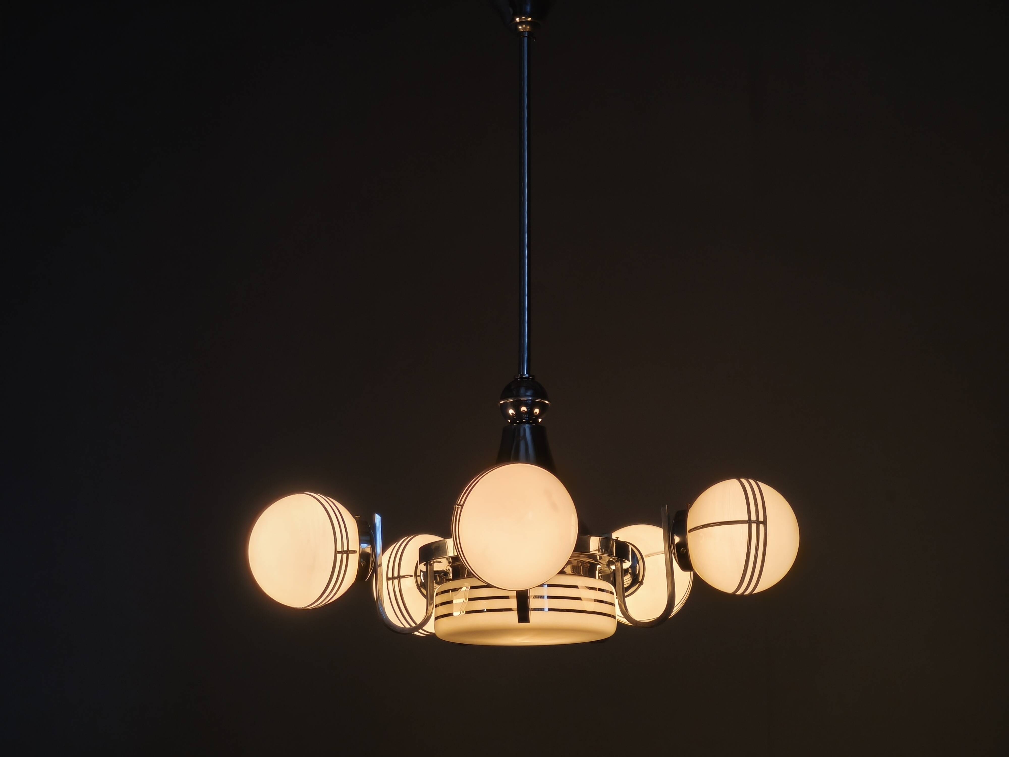 Art Deco Chrome and Glass Chandelier, 5 Globes, 1930s
