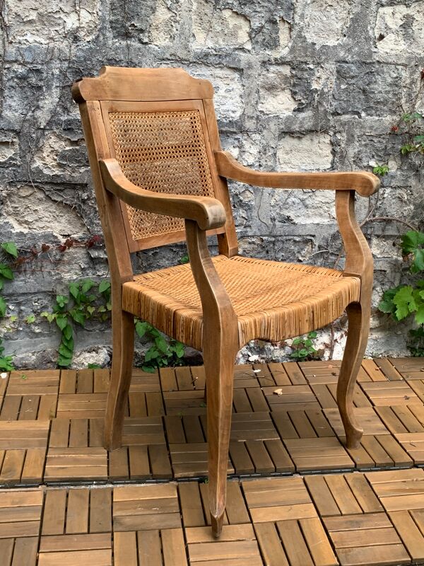 Fauteuil de barbier en bois cannage et paille 1900