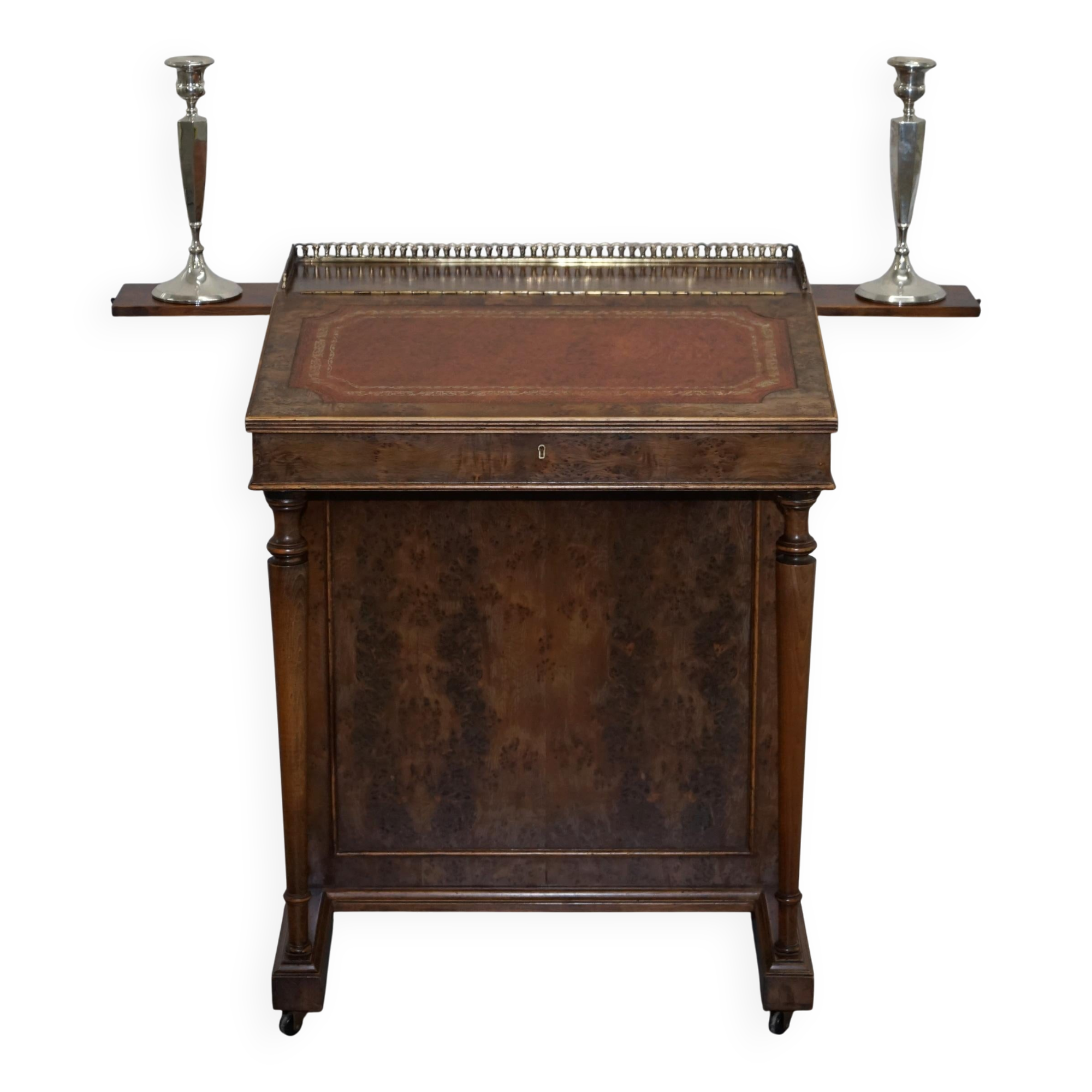 Davenport desk in walnut with leather and vintage brass gallery.