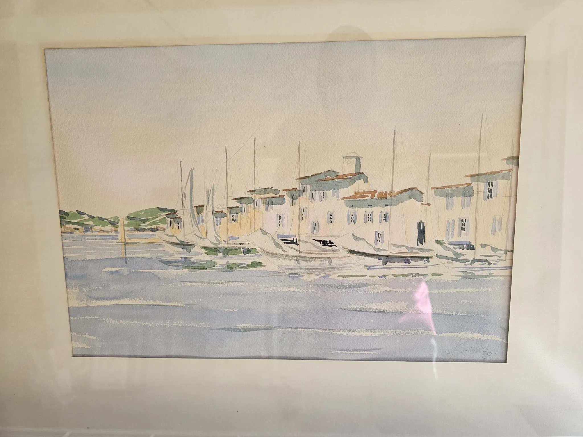 Watercolour painting of the port and boats of Saint-Tropez signed Fulvio.