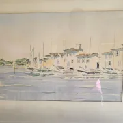 Watercolour painting of the port and boats of Saint-Tropez signed Fulvio.