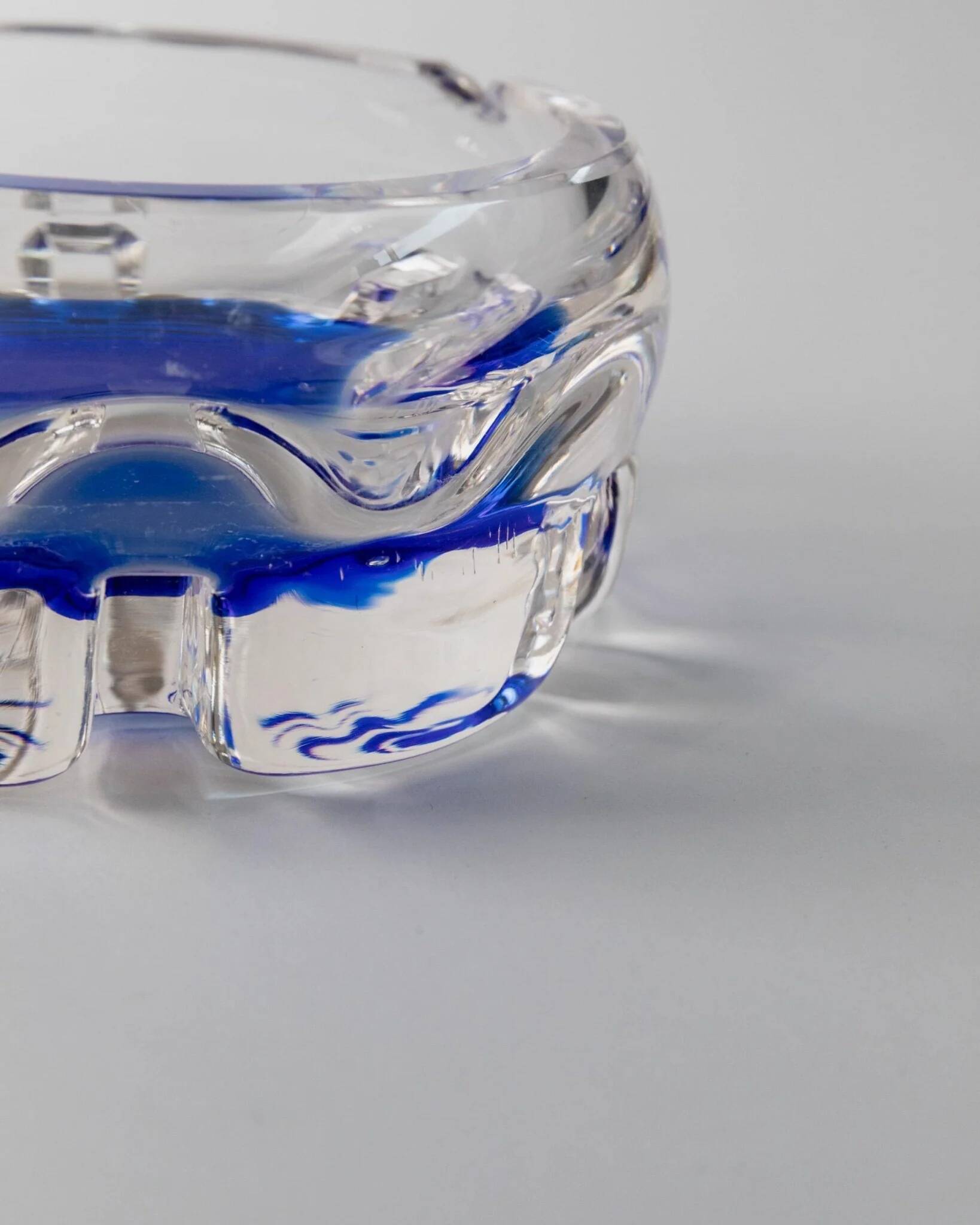 Vintage Murano Glass Ashtray: clear glass with cobalt-blue bubble, mid-century Italian design