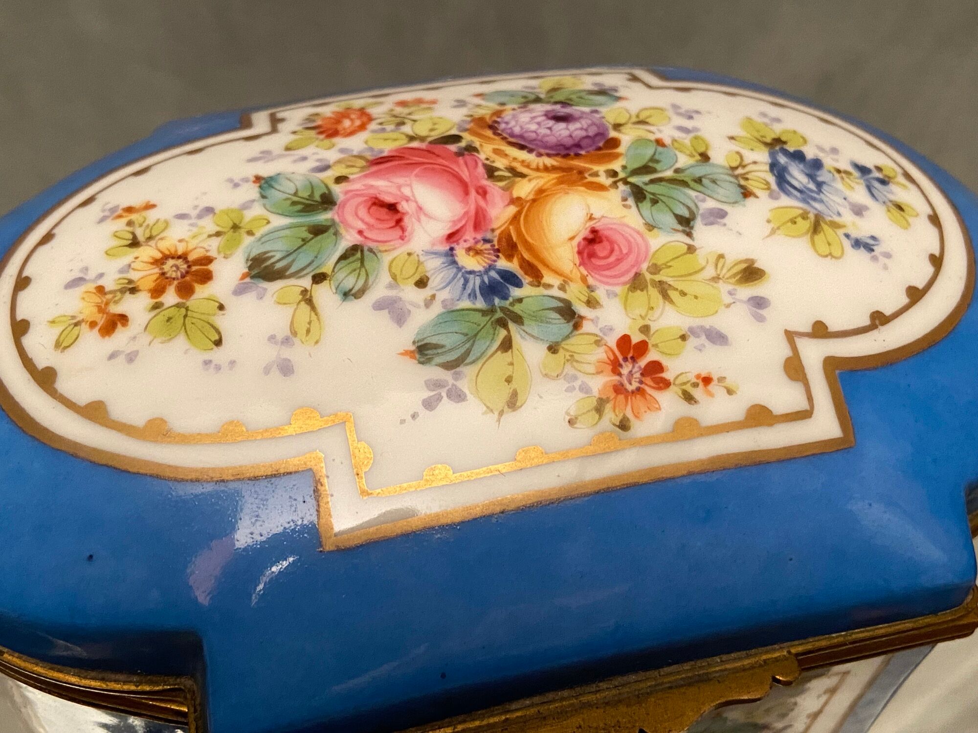 Domed porcelain box polychrome floral decoration on blue background brand Sèvres