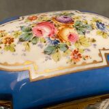 Domed porcelain box polychrome floral decoration on blue background brand Sèvres