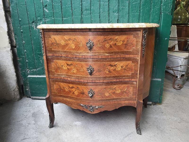 CURVED MARQUETRY CHEST WITH MARBLE TOP 3 ROSEWOOD DRAWERS