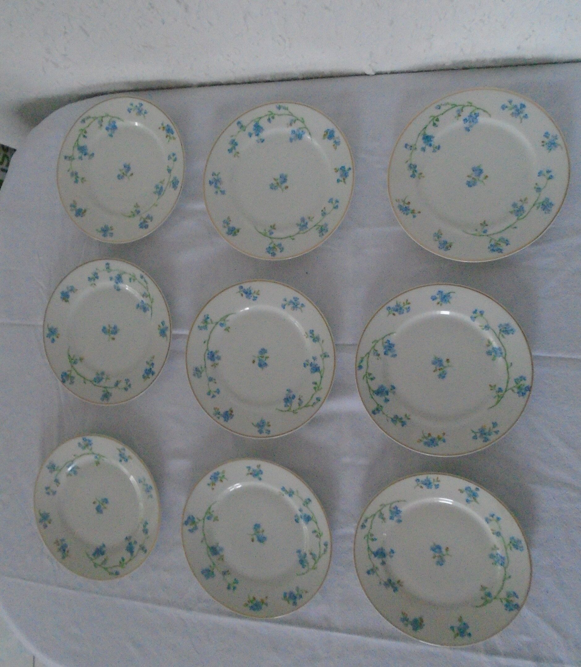 9 plates dessert porcelain of Limoges decorated with small blue flowers