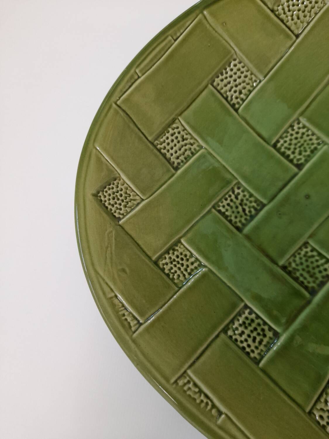 Large olive green Keralux Boch earthenware dish
