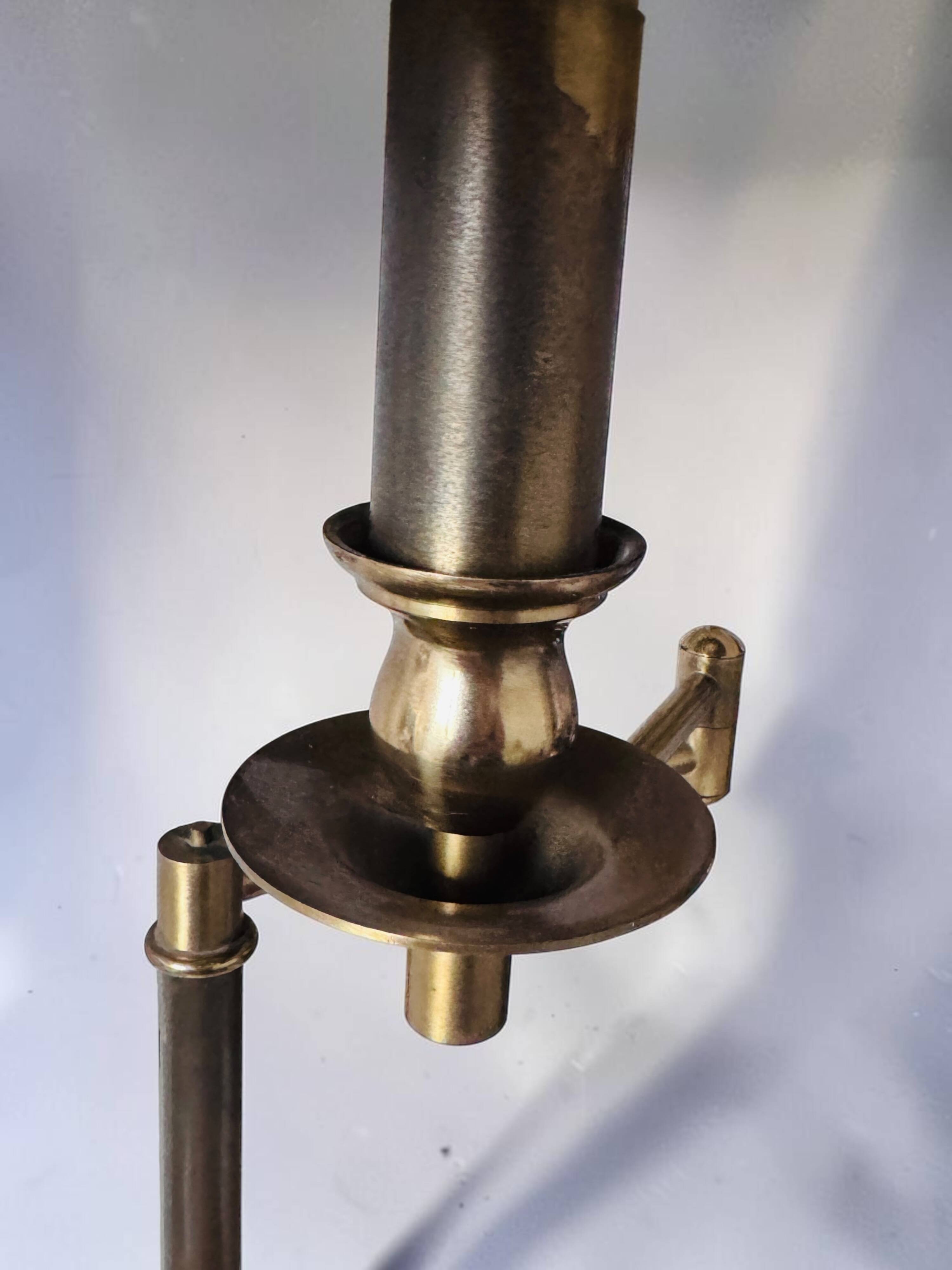 Brass reading floor lamp, adjustable arm, vintage anthracite shade.