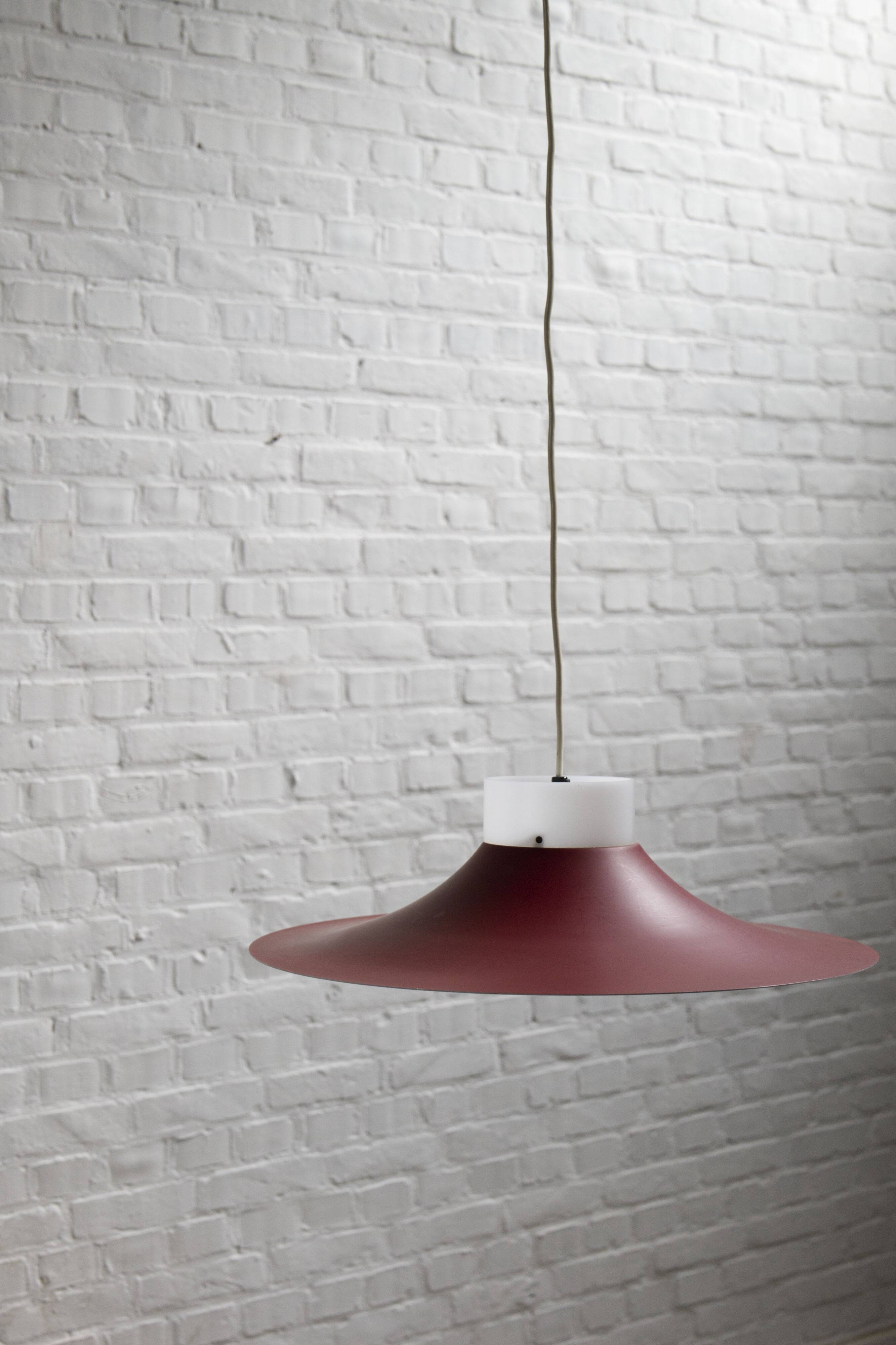 Danish red metal and opal plastic pendant lamp, 1960s