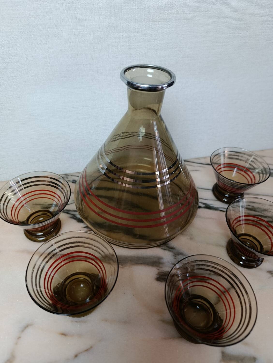 Art Deco liqueur service in smoked glass