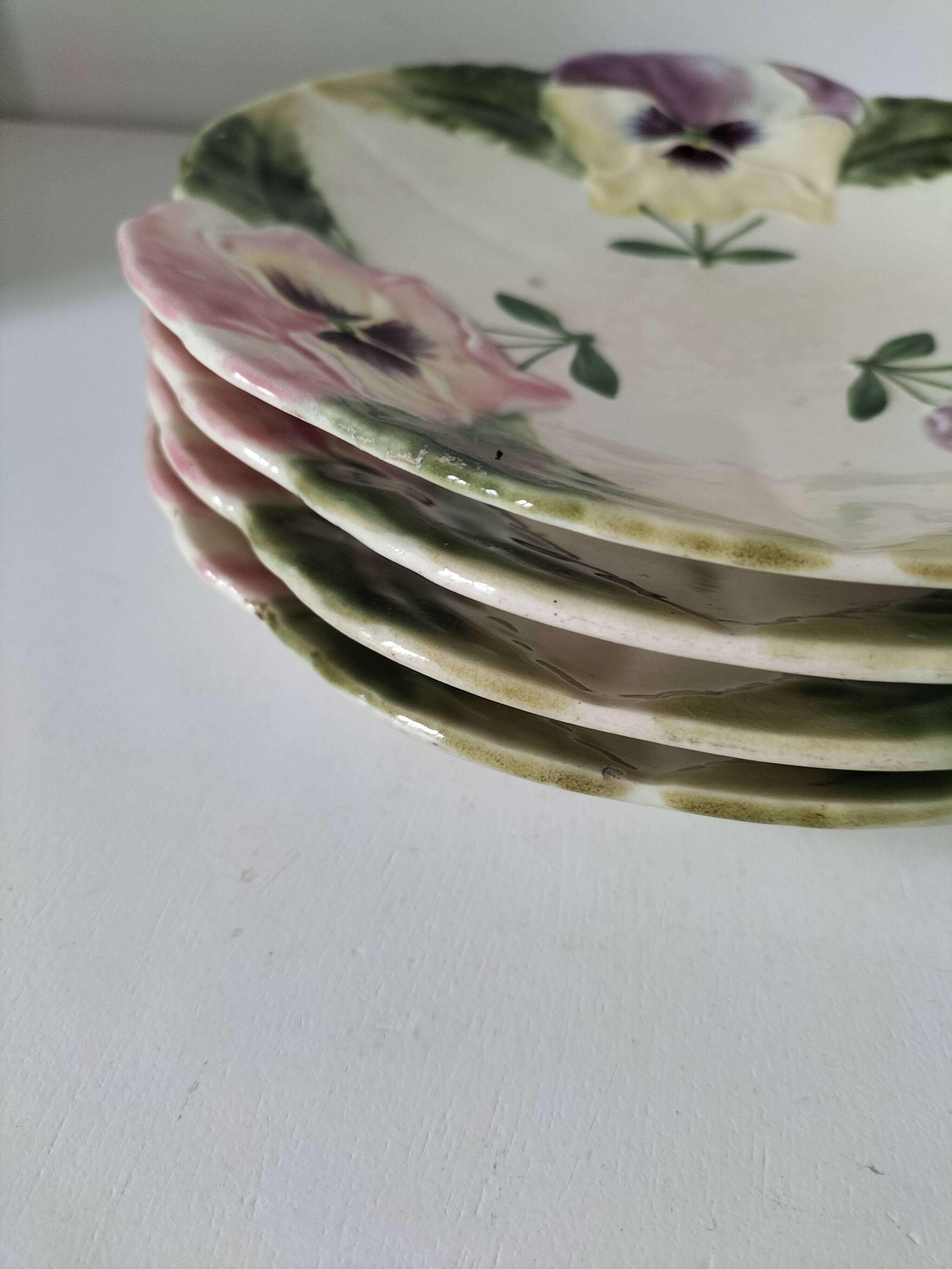 4 barbotine plates with pansies H. Boulenger Choisy-le-Roi