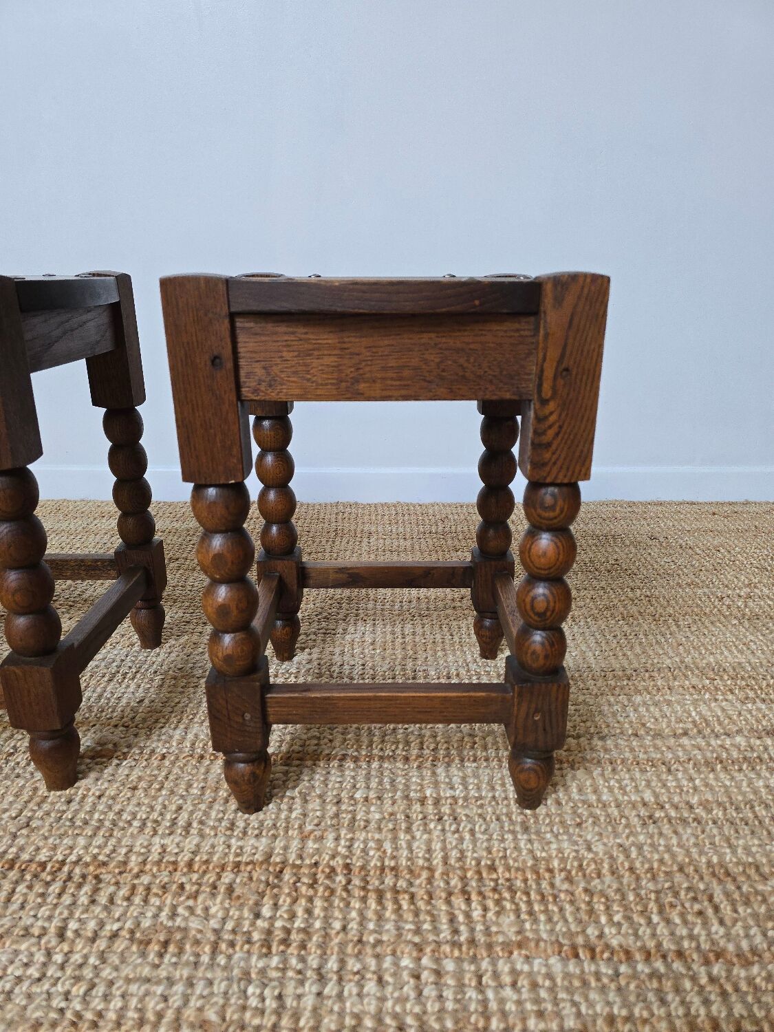 Pair of brutalist stools in turned wood, Charles Dudouyt style, 1950s