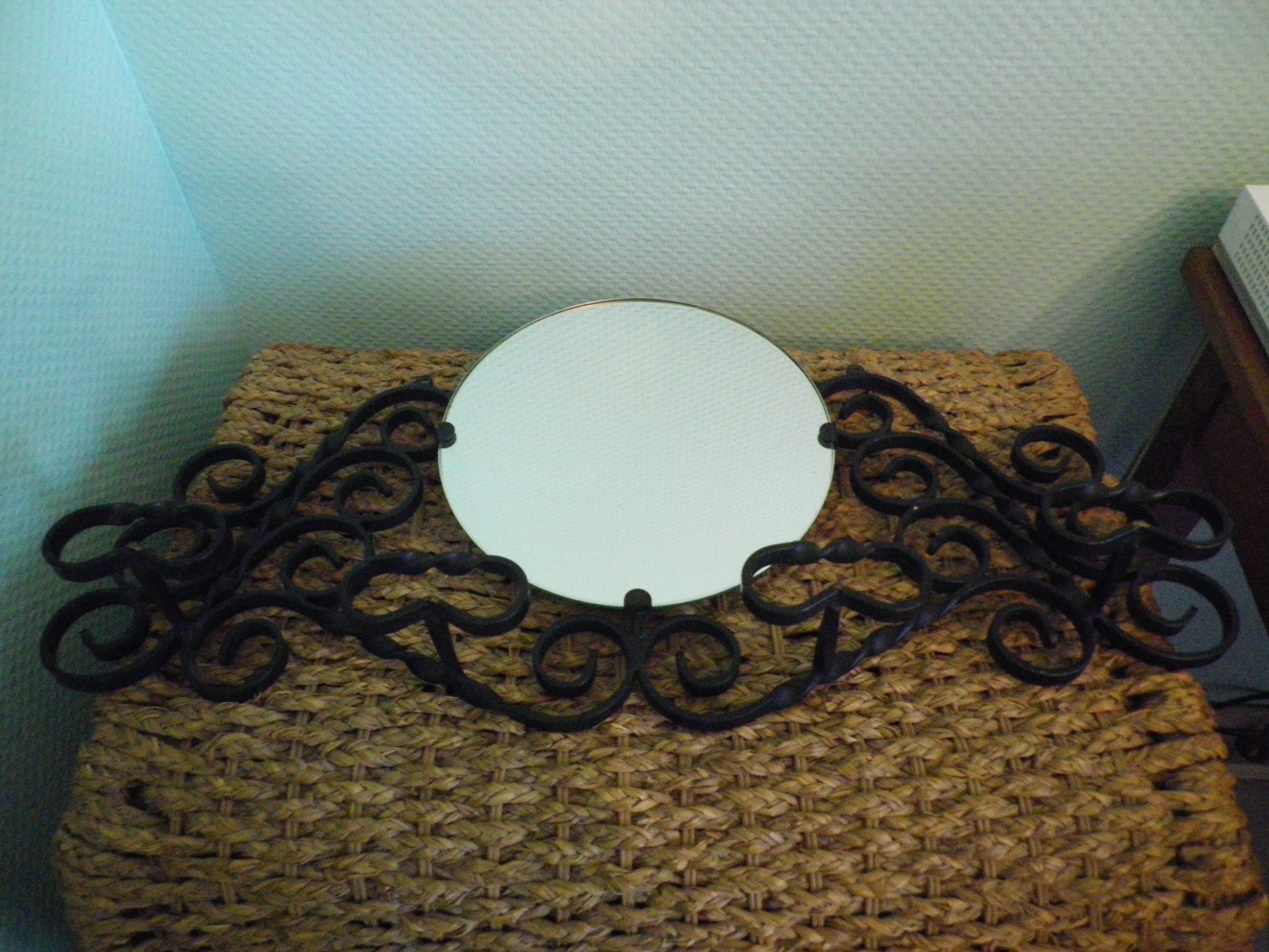 Vintage wall coat rack with mirror, 4 hooks, wrought iron