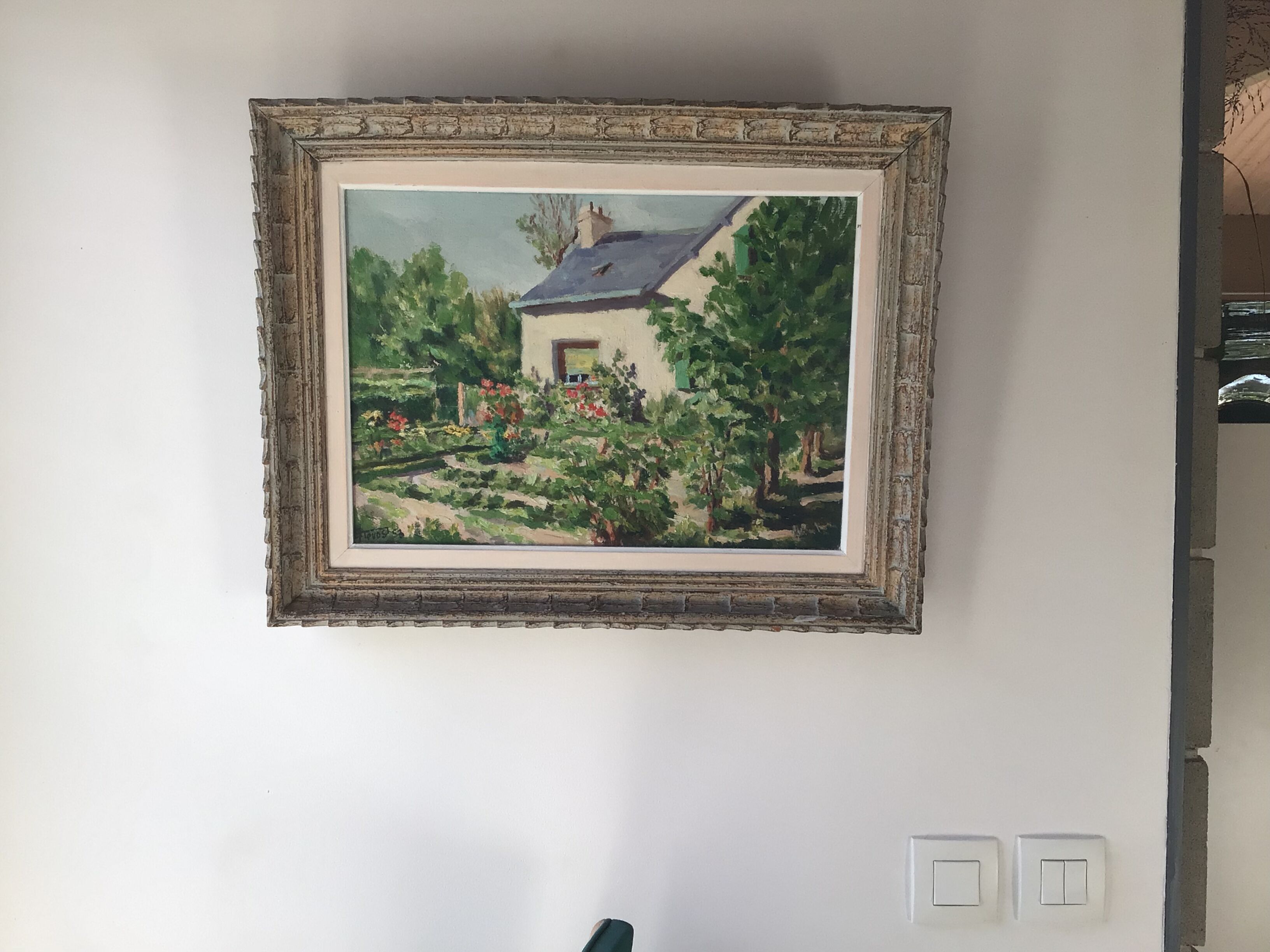 Huile sur toile 1953 Jardin d’été signée cadre bois patiné