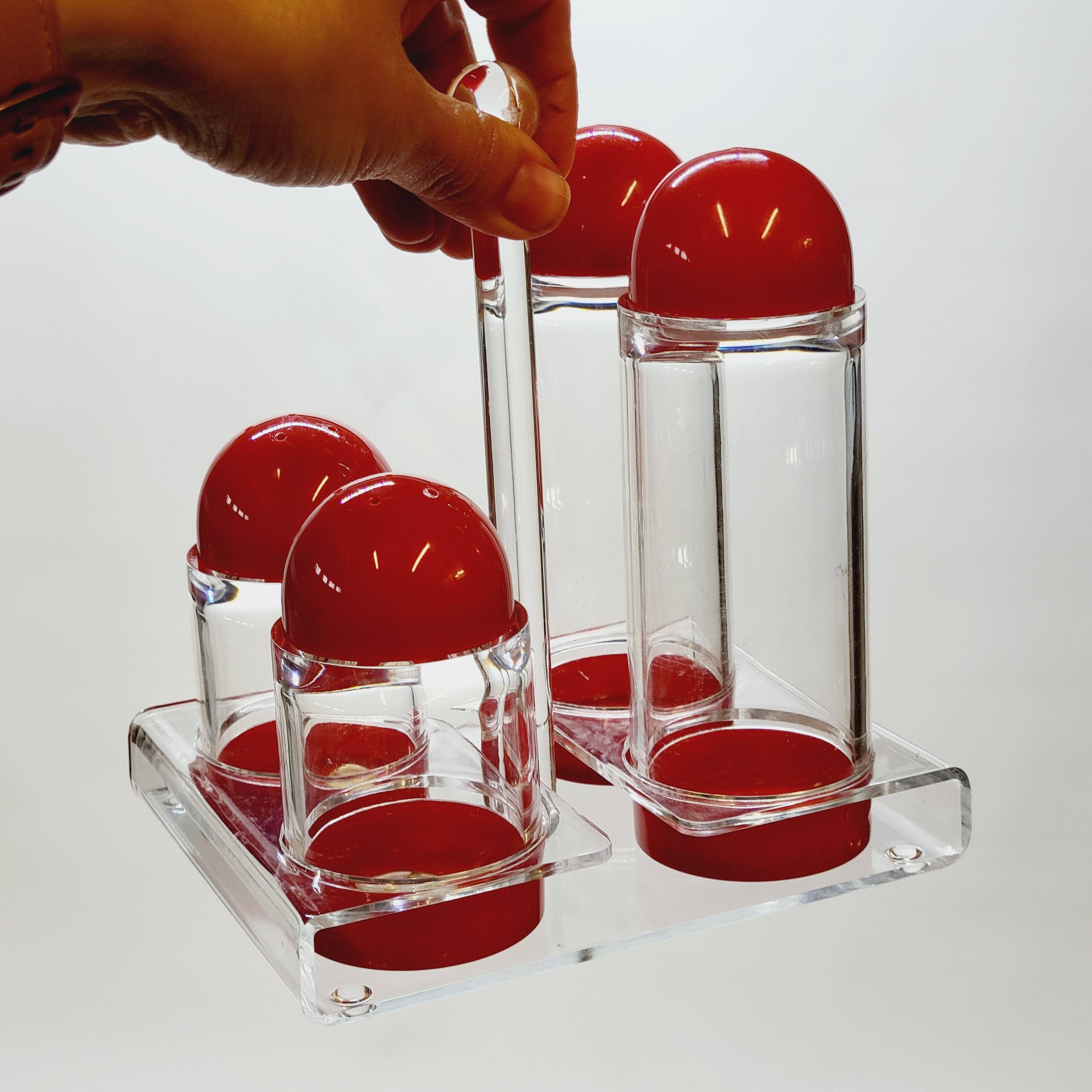 Condiment service oil vinegar salt pepper vintage plexi and red plastic