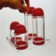 Condiment service oil vinegar salt pepper vintage plexi and red plastic