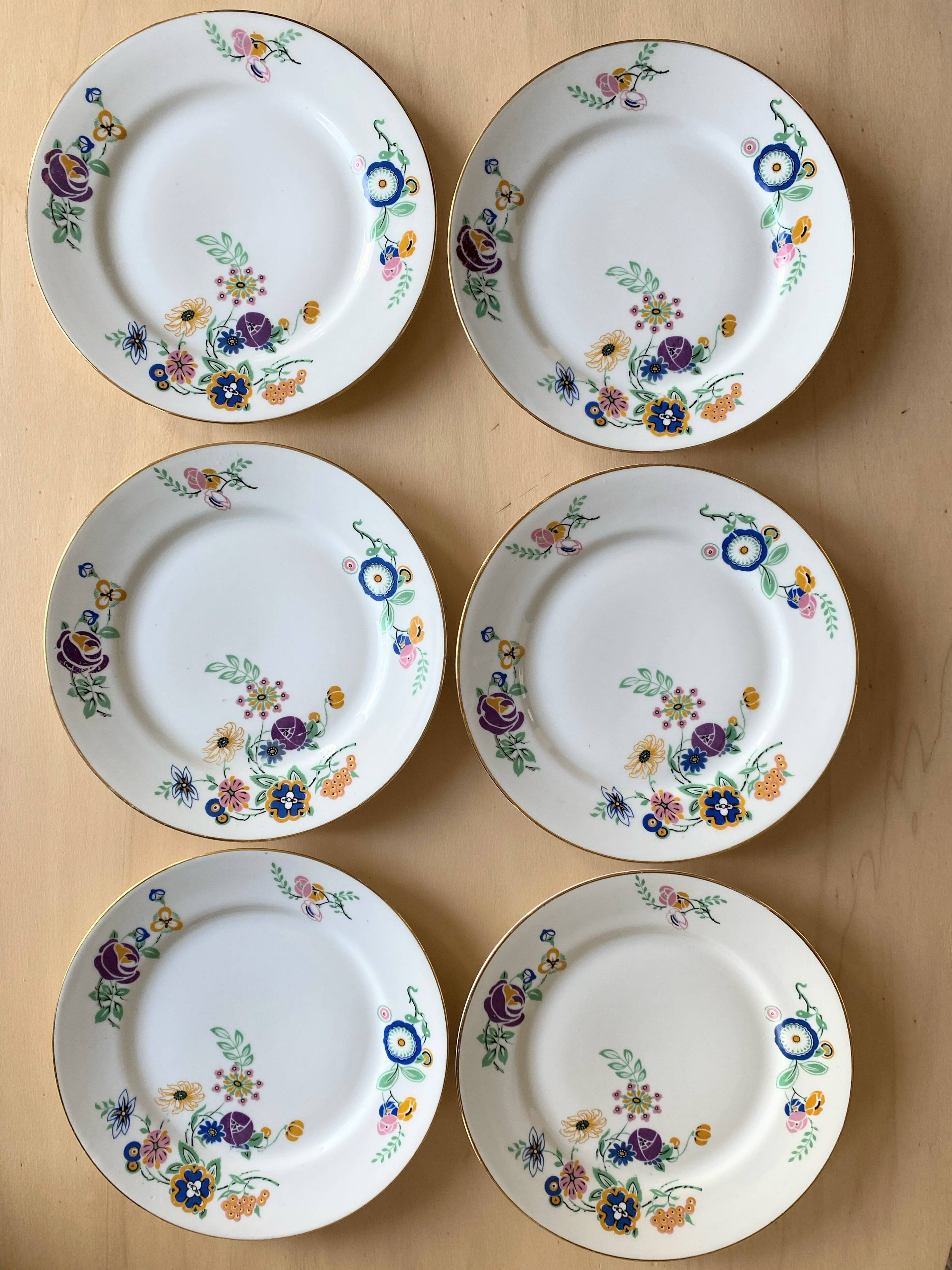 6 vintage plates in white Limoges porcelain signed TLB, flowers