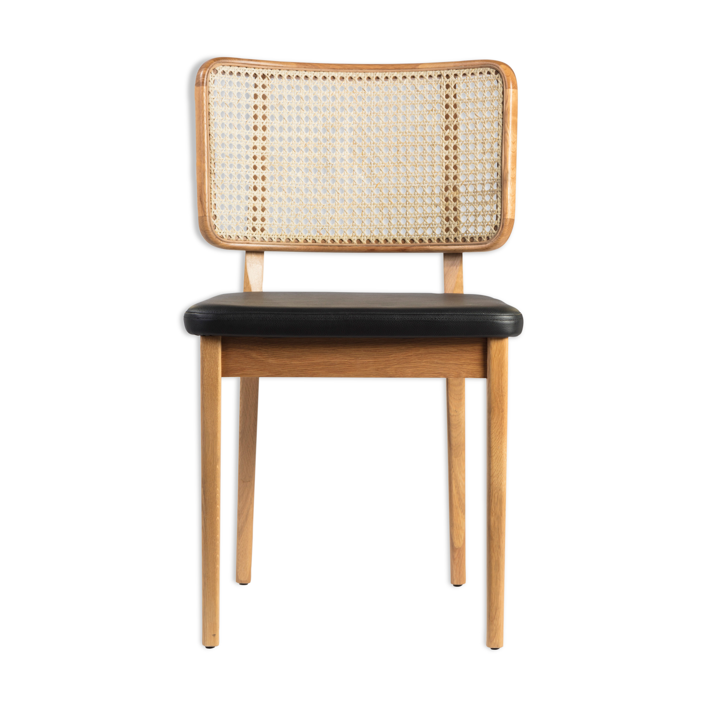 Black leather natural wood canning chair without armrests