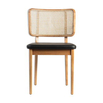 Black leather natural wood canning chair without armrests