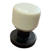 Small globe table lamp in opaline glass with a leather-covered base.