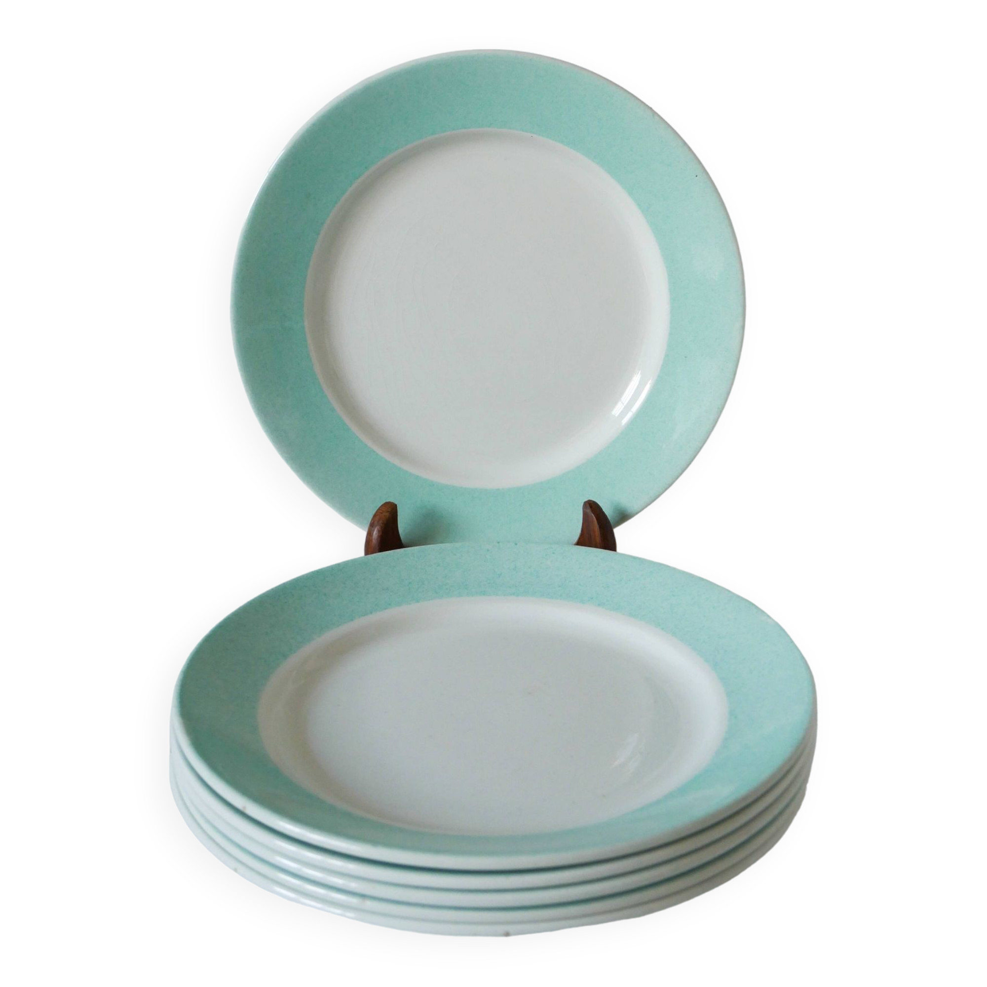 Set of 6 Badonviller flat plates with speckled mint colored edge 1950
