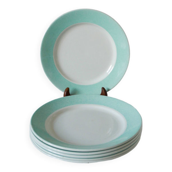 Lot de 6 assiettes plates Badonviller bord coloré menthe moucheté 1950