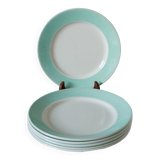 Set of 6 Badonviller flat plates with speckled mint colored edge 1950