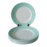 Lot de 6 assiettes plates Badonviller bord coloré menthe moucheté 1950