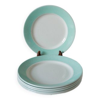 Set of 6 Badonviller flat plates with speckled mint colored edge 1950