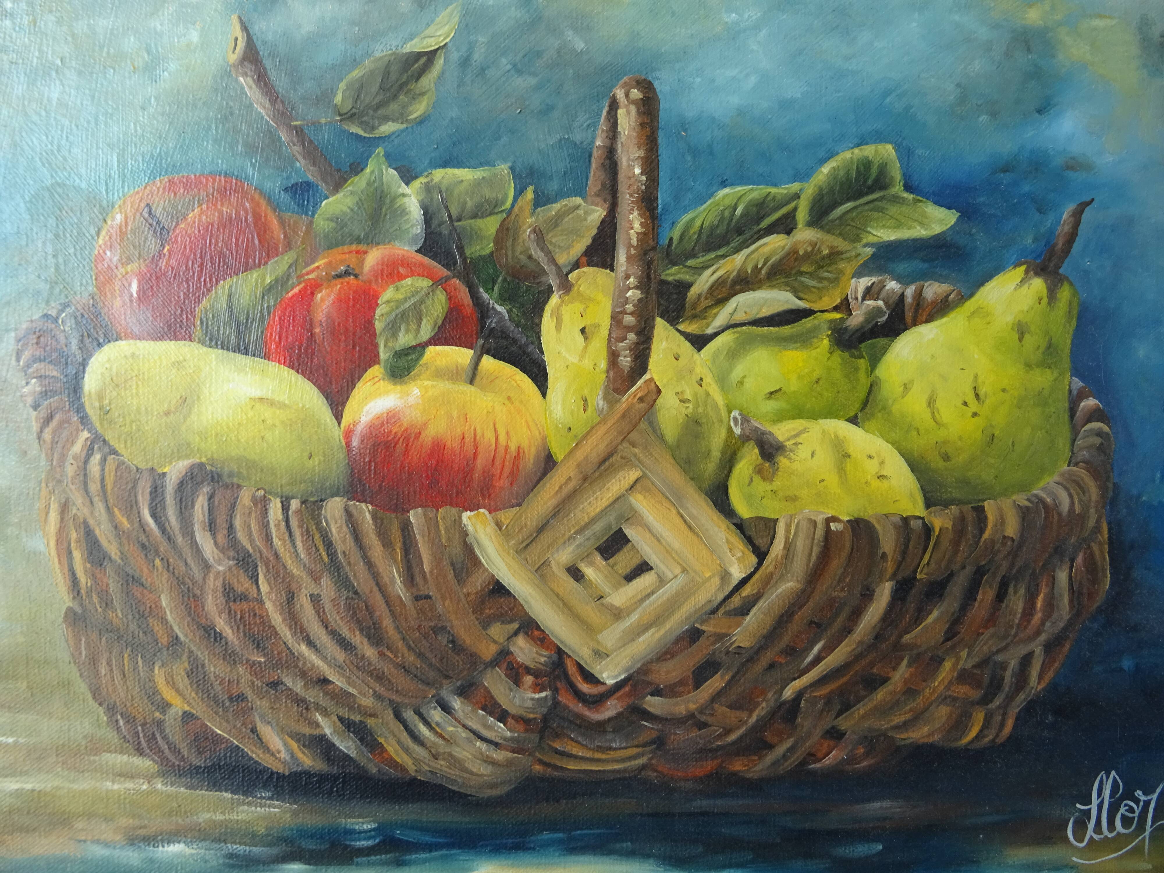 Painting still life basket of fruits oil on canvas signed