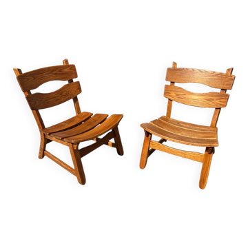 Set of 2 brutalist lounge chairs in oak by Dittmann & Co for Awa.