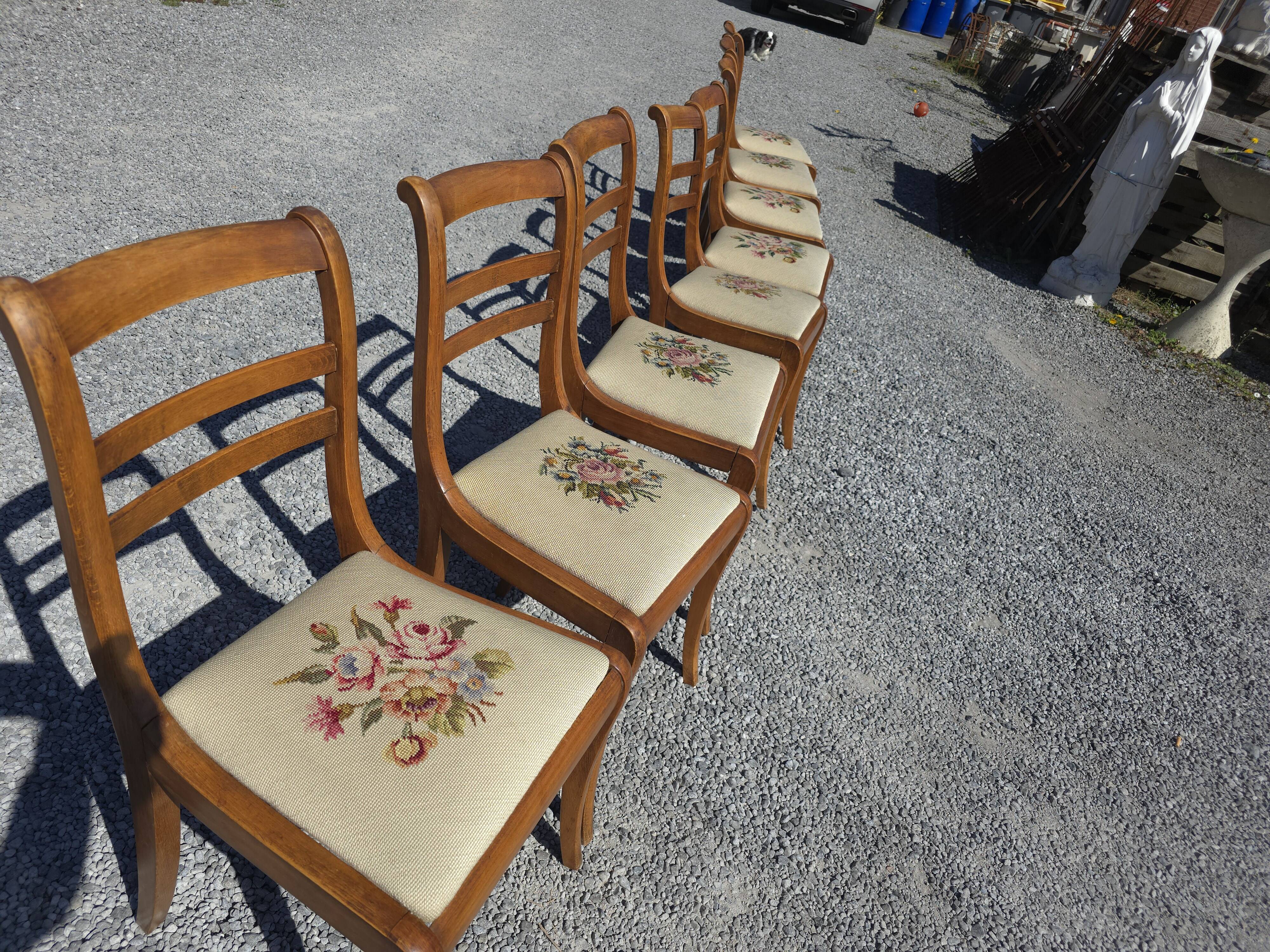 8 cherry wood chairs with embroidered seats