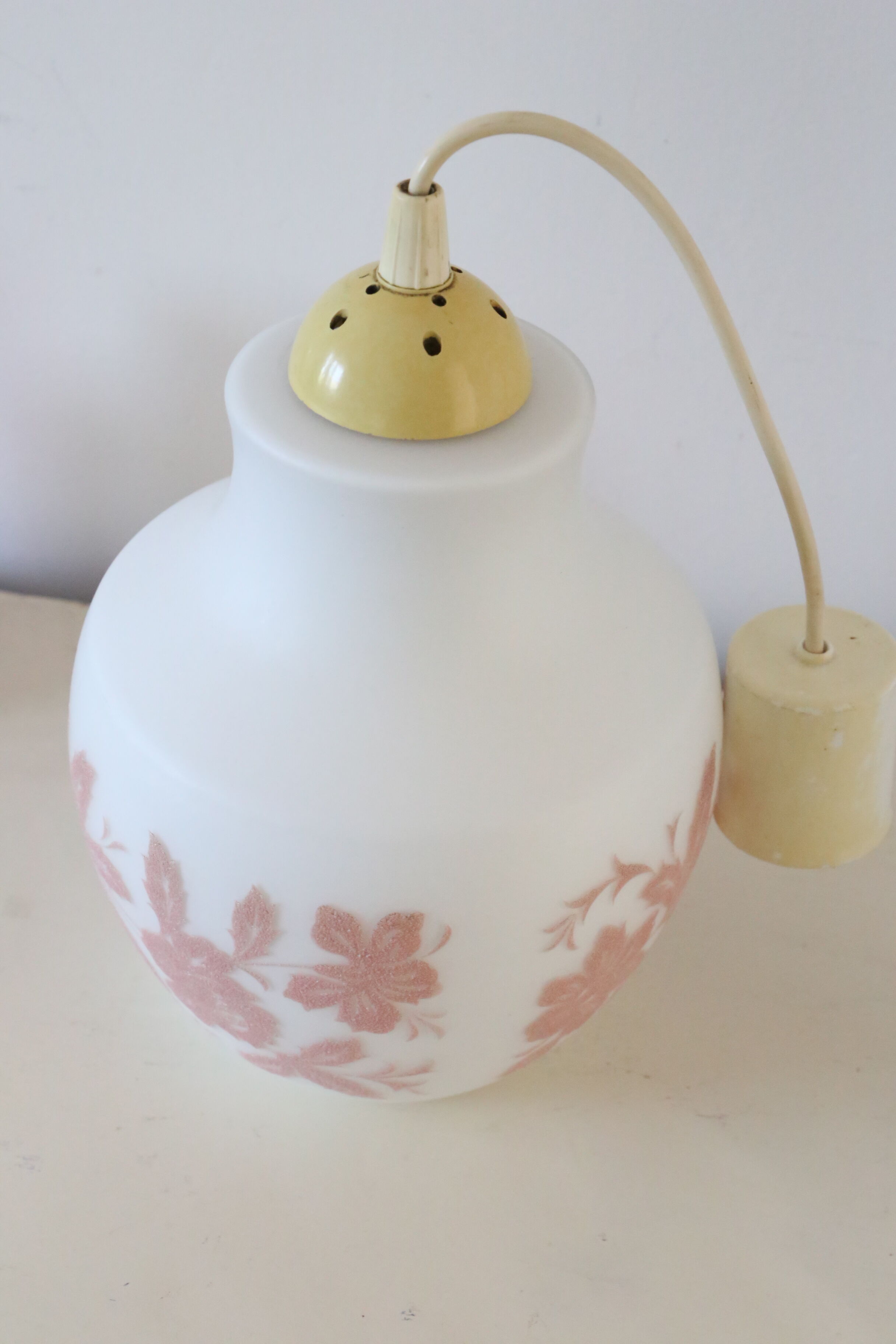 Hanging lamp in white opaline and pink granite décor, 60s, vintage