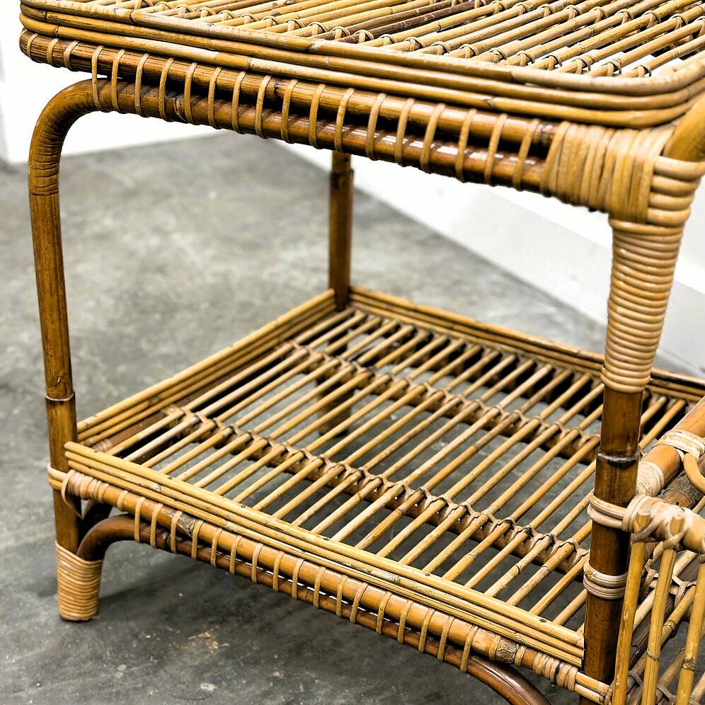 Vintage Italian rattan bar cart with bottle holder, 1970s