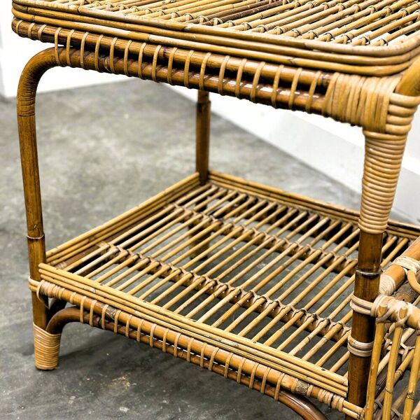 Chariot de bar vintage italien en rotin avec porte-bouteilles, années 1970