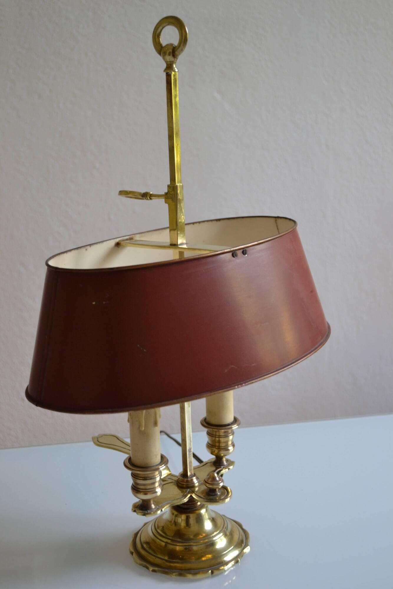 hot water bottle lamp with 2 bronze lights and burgundy sheet metal lampshade