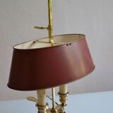 hot water bottle lamp with 2 bronze lights and burgundy sheet metal lampshade