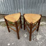 Pair tripod stool vintage design wood and straw