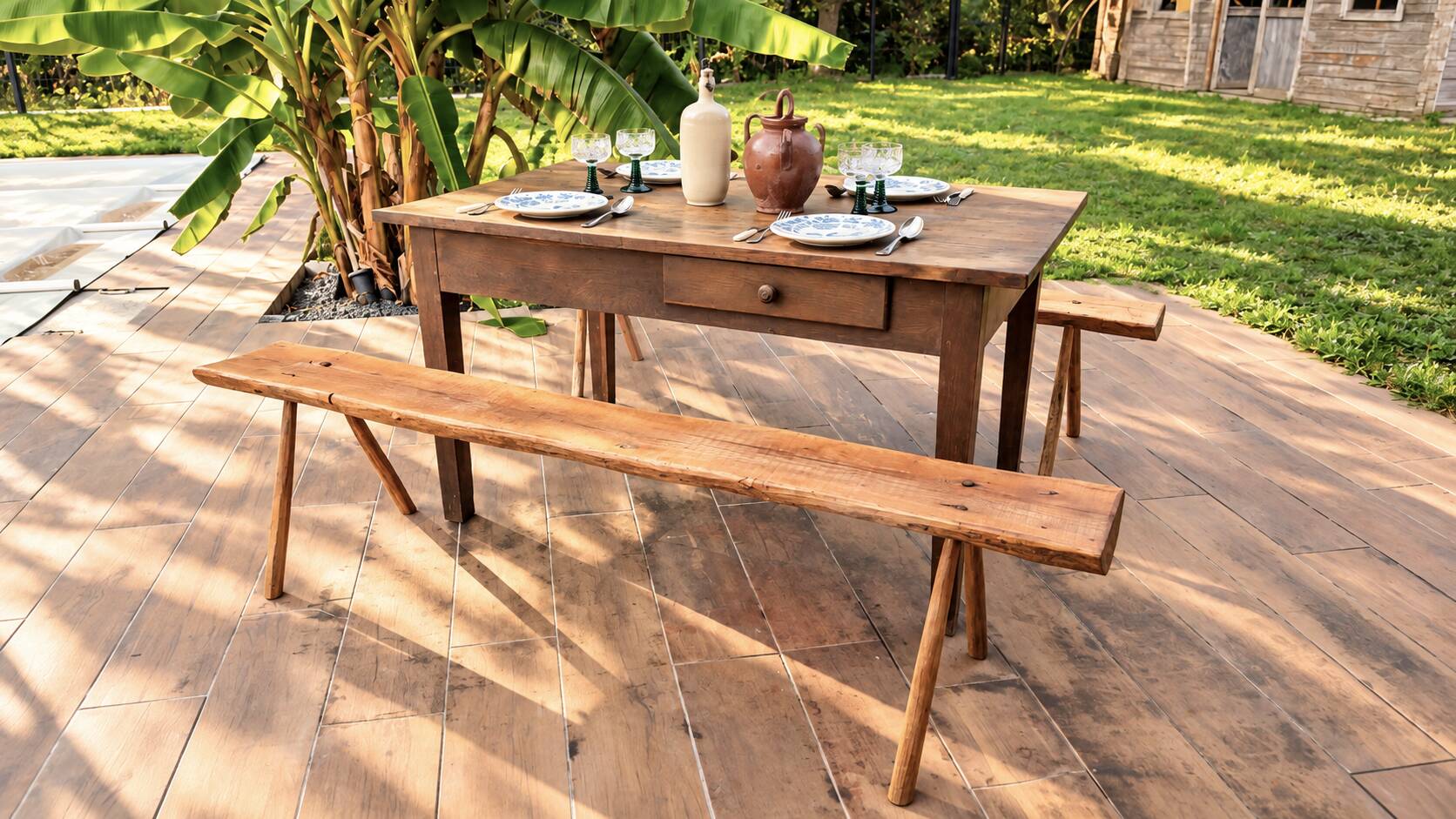 Pair of antique farmhouse benches in solid wood – brutalist style – 180 cm