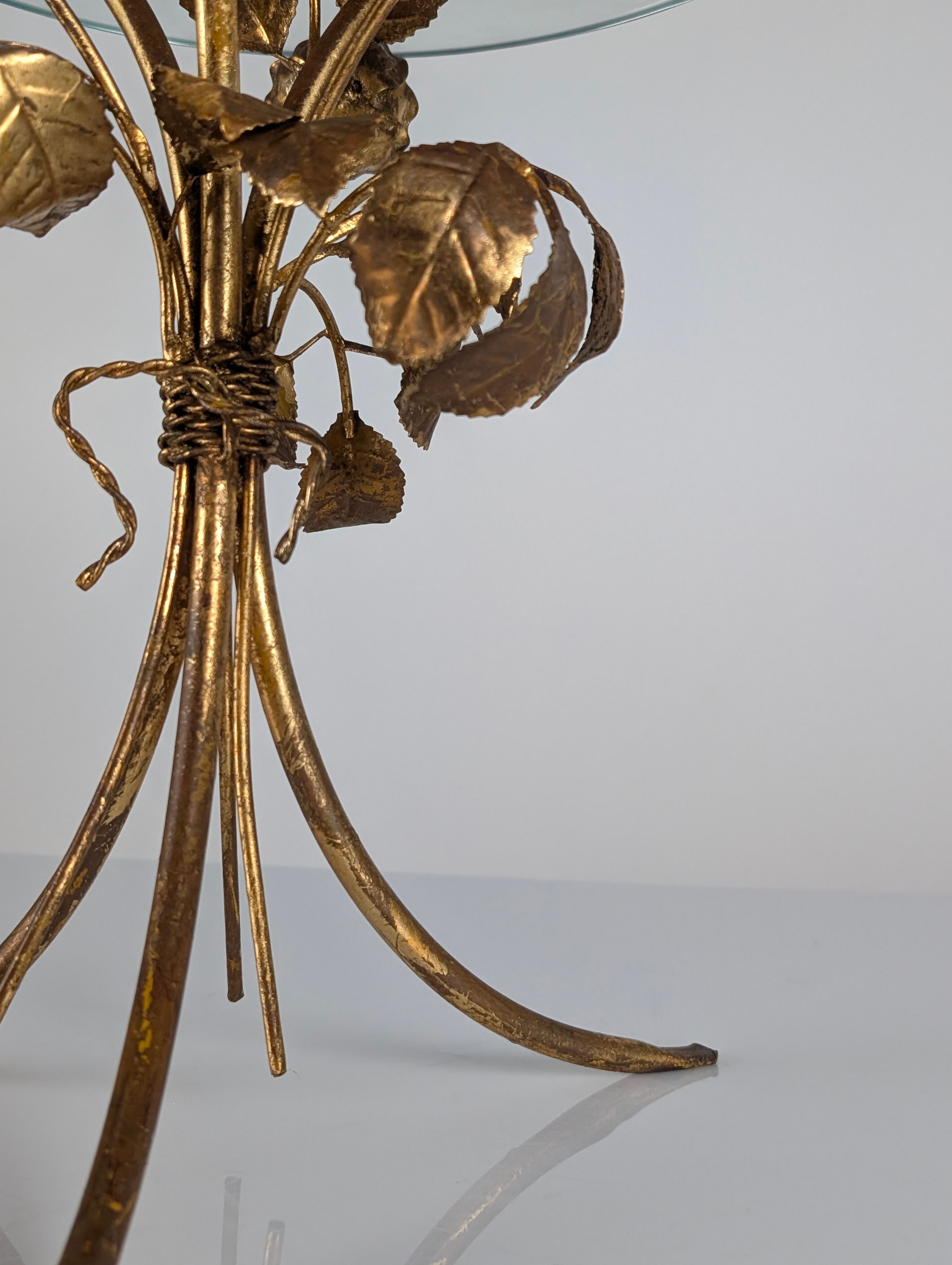 Mid-century side table in gilded metal with roses and glass top, 1970s