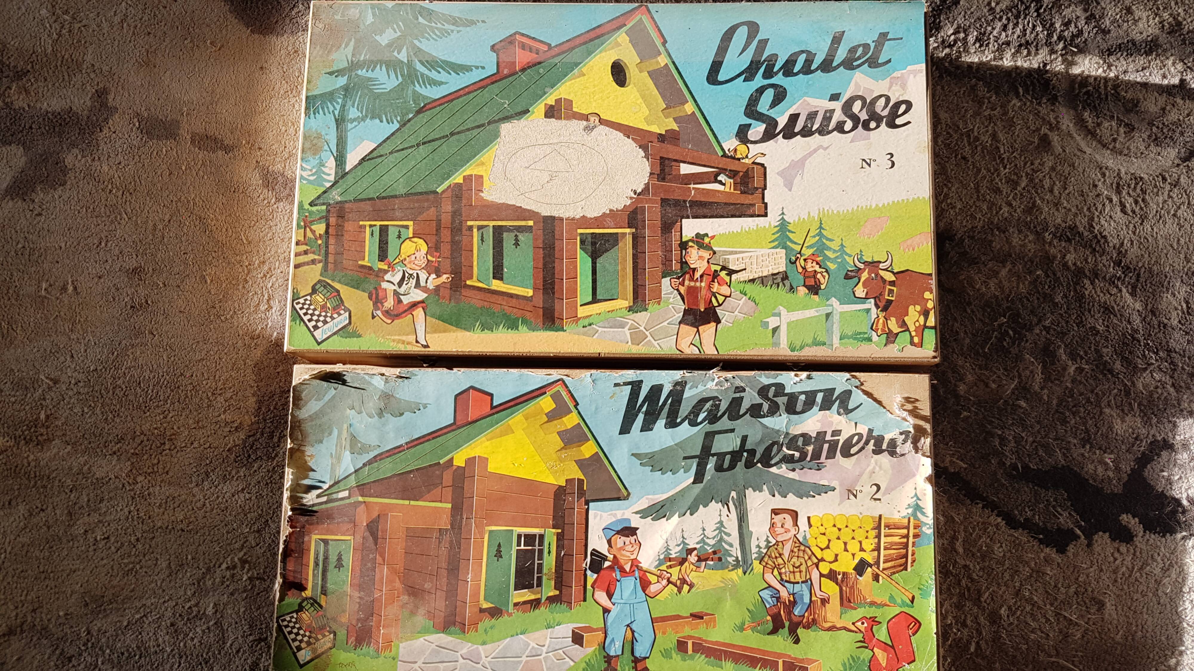 2 boxes of old wooden construction game from JeuJura Swiss cottage and forest house