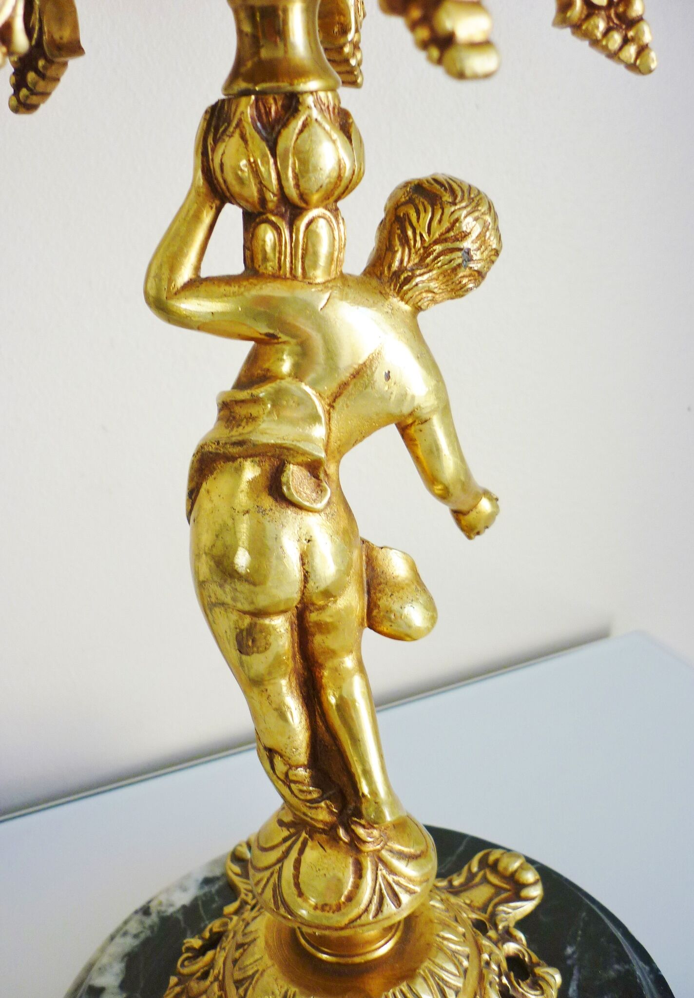 Candelabra, 6-pointed candlestick, marble, bronze, putti decoration, putto