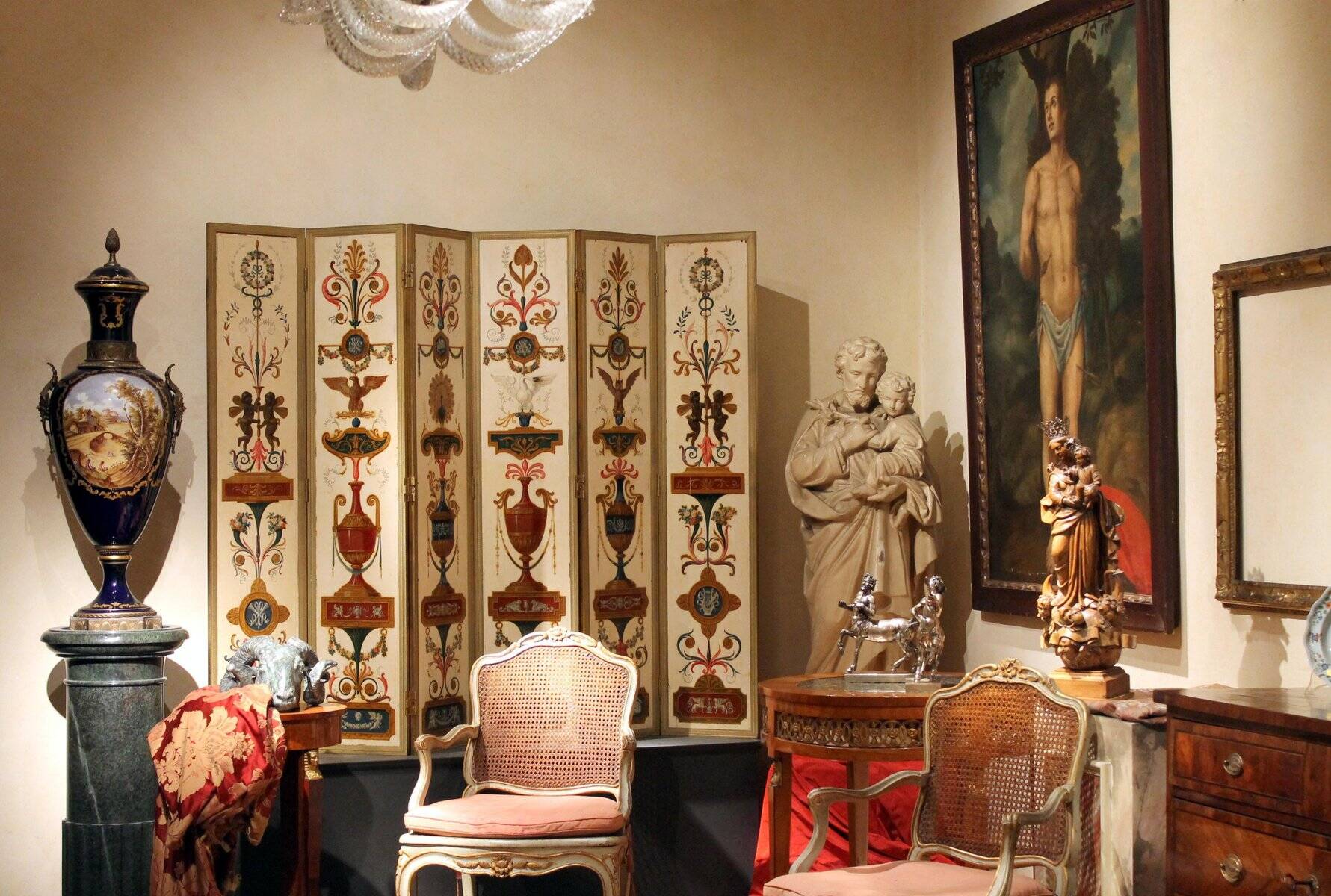 19th Century Italian Six-Panel Painted Wood Folding Screen in Gilt Bronze Frame