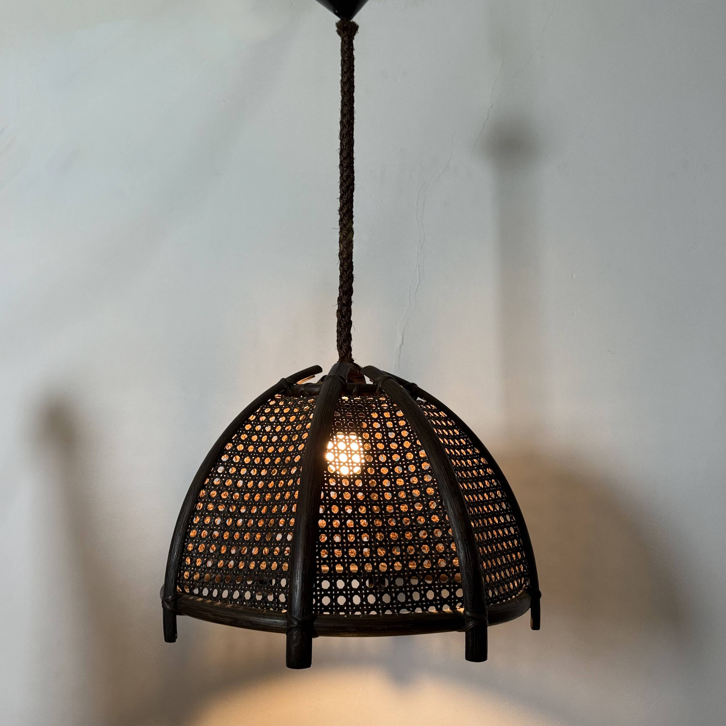 Vintage rattan and webbing hanging lamp 1970s retro