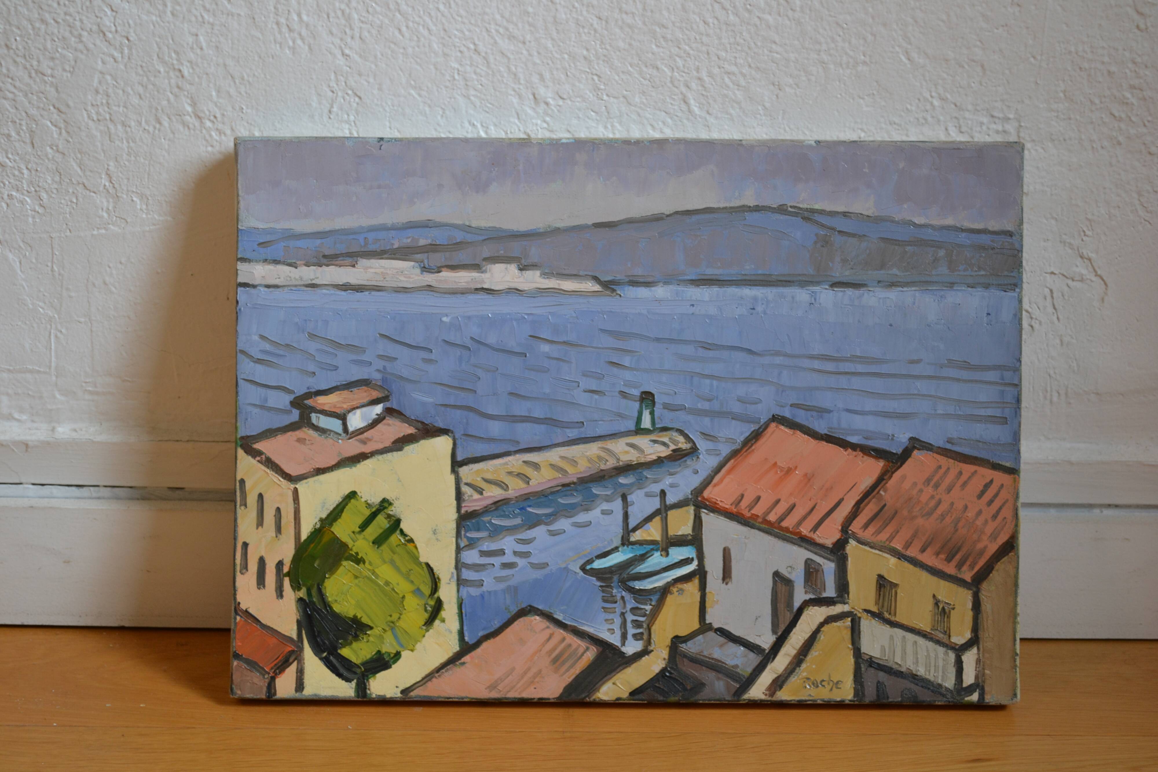 Marseille Corniche Valmer seaside landscape painting HST signed Roche