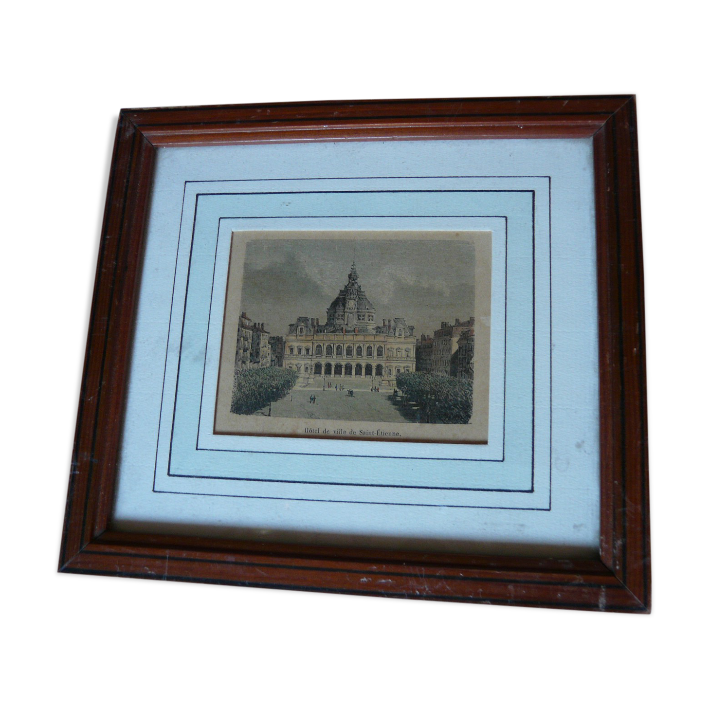 Colorized engraving The town hall of Saint Etienne pitchpin frame