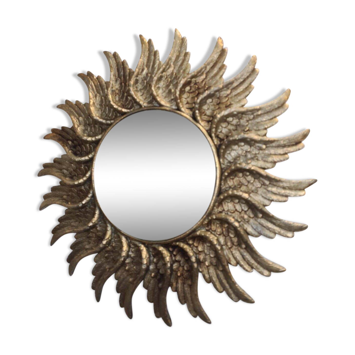 sun mirror with angel wings in golden patinated stucco