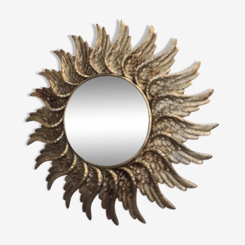 sun mirror with angel wings in golden patinated stucco