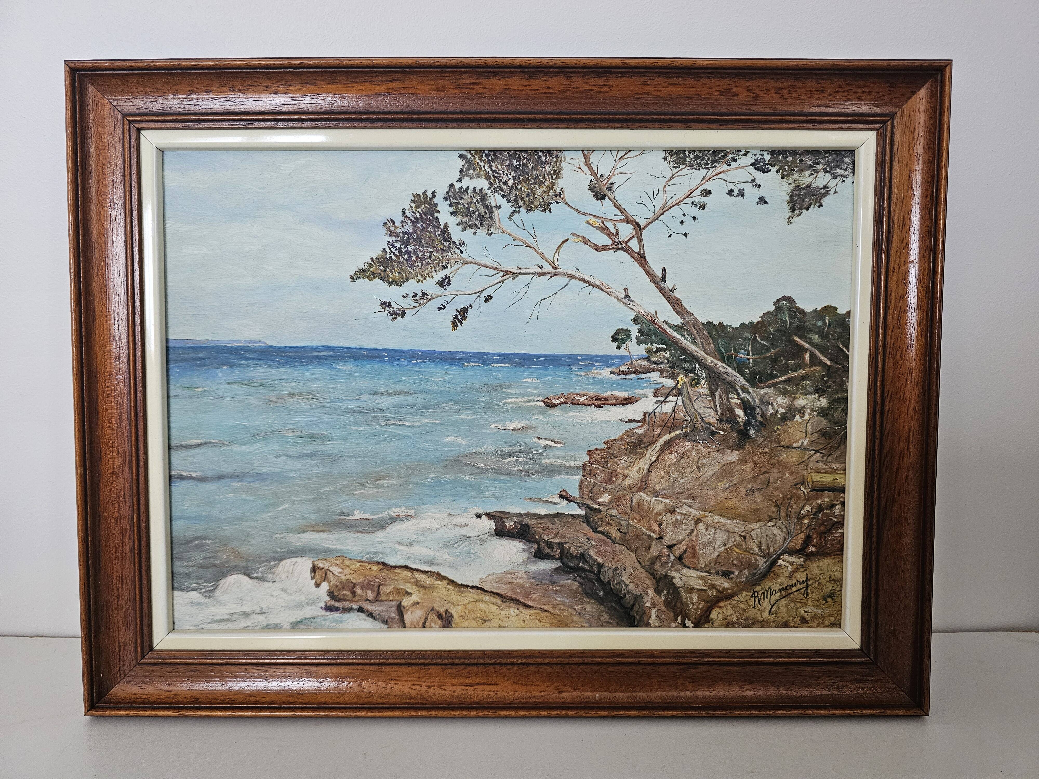 Oil painting on panel, landscape of Île Sainte-Marguerite, signed R. Manou